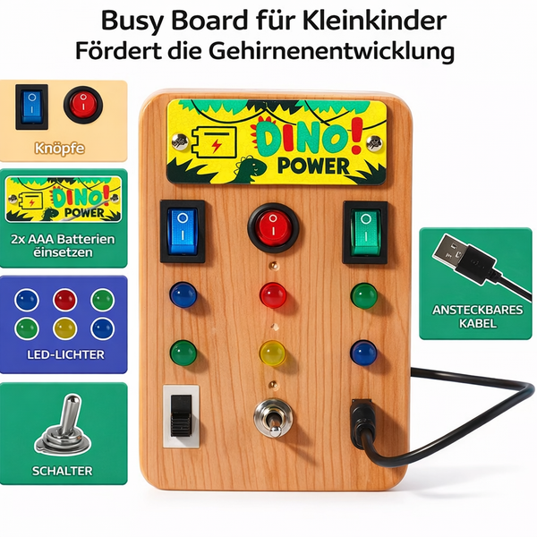 Busy Board Dino – Motorikspielzeug mit Licht & Schaltern